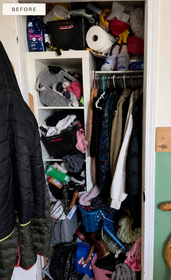 Before photo of a cluttered entry closet