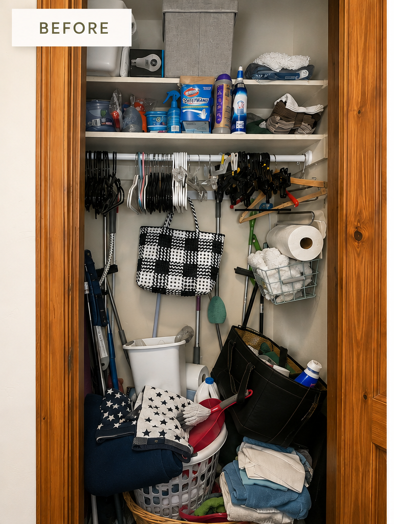 Before photo of a cluttered storage closet